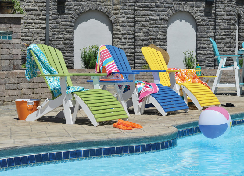 Berlin Gardens Comfo Back Adirondacks, Folding Footstools, and Folding End Tables in Tropical Colors