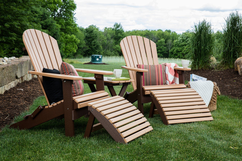 Berlin Gardens Comfo Back Folding Adirondacks, Folding Footstools, and Folding End Table - Cedar on Chocolate Brown