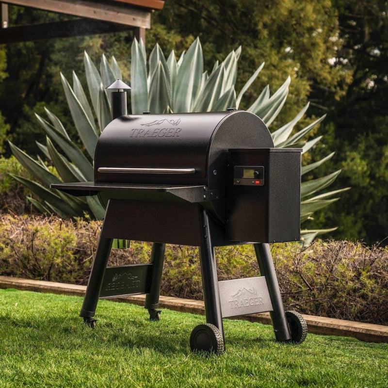 Traeger Pro grill in a yard in front of an Agave plant