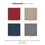 Diagram of cushion color options for Hanamint benches - Canvas Jockey Red, Cast Ash, Spectrum Indigo, Cast Slate