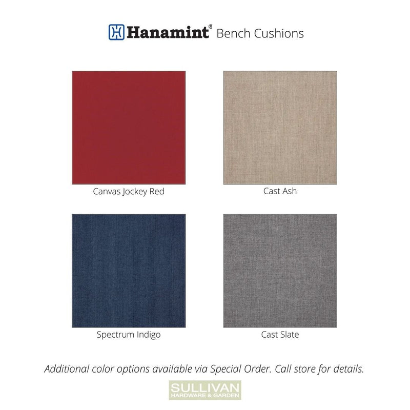 Diagram of cushion color options for Hanamint benches - Canvas Jockey Red, Cast Ash, Spectrum Indigo, Cast Slate