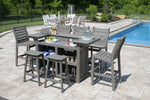 Berlin Gardens Outdoor Island, Saddle Bar Chairs, and Bristol Bar Chairs in Coastal Gray