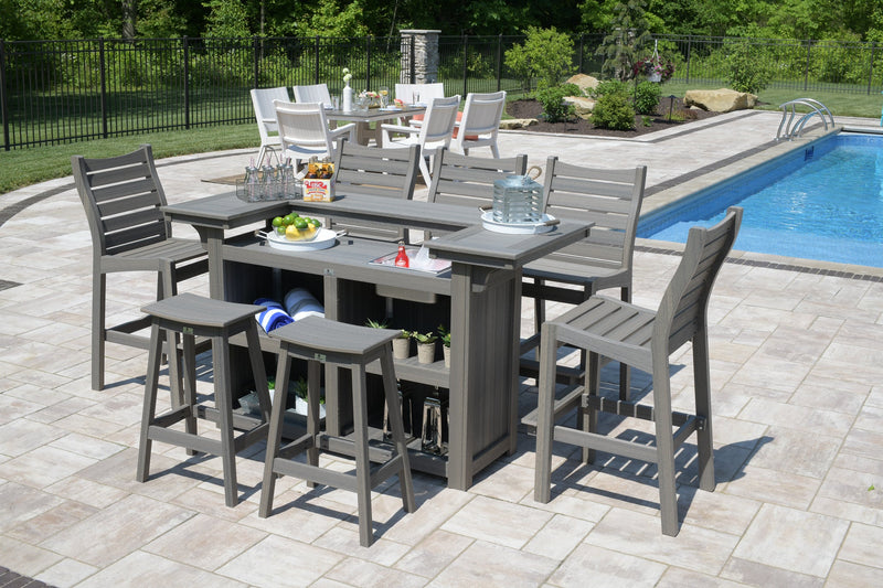 Berlin Gardens Outdoor Island, Saddle Bar Chairs, and Bristol Bar Chairs in Coastal Gray
