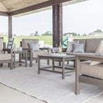 Berlin Gardens Camden Loveseat, Sofa, Coffee Table and End Table in Coastal Gray. Cushions in Blend Sand