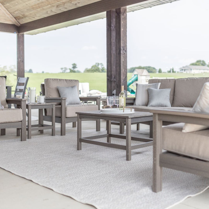 Berlin Gardens Camden Loveseat, Sofa, Coffee Table and End Table in Coastal Gray. Cushions in Blend Sand