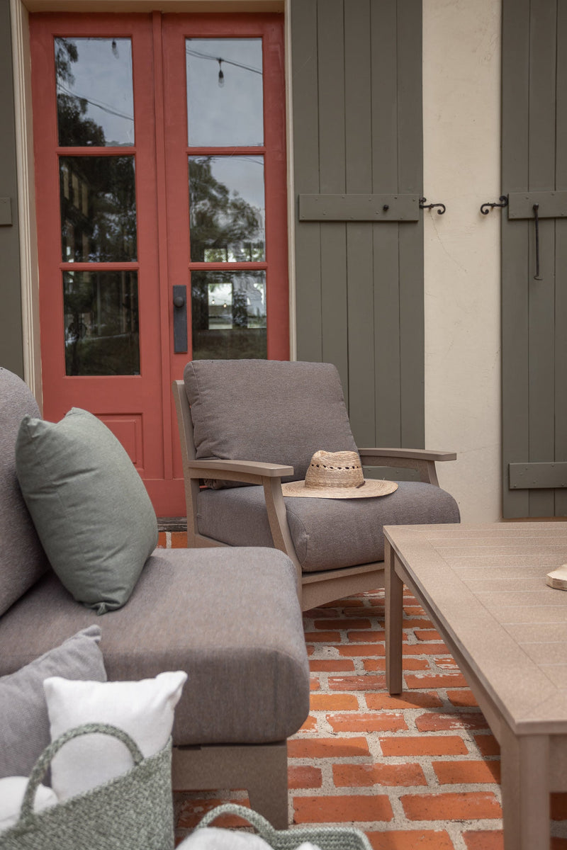 Classic Terrace Club Chair and Center Armless Chair - Classic Terrace Rectangular Coffee Table in Weatherwood