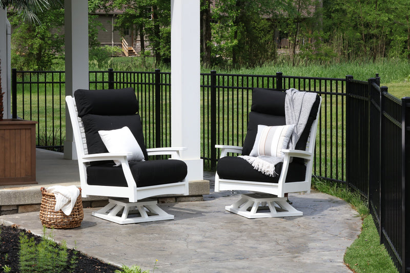 Berlin Gardens Classic Terrace High Back Swivel Rockers - White with Canvas Black Cushions