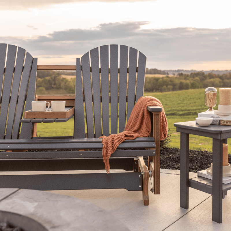 Berlin Gardens Comfo Back Three Seat Glider and Rectangular End Table - Smoke Gray on Antique Mahogany