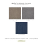 Diagram of color swatches of 4312 cushion options for North Cape patio furniture. Cast Shale, Cast Slate, Spectrum Indigo