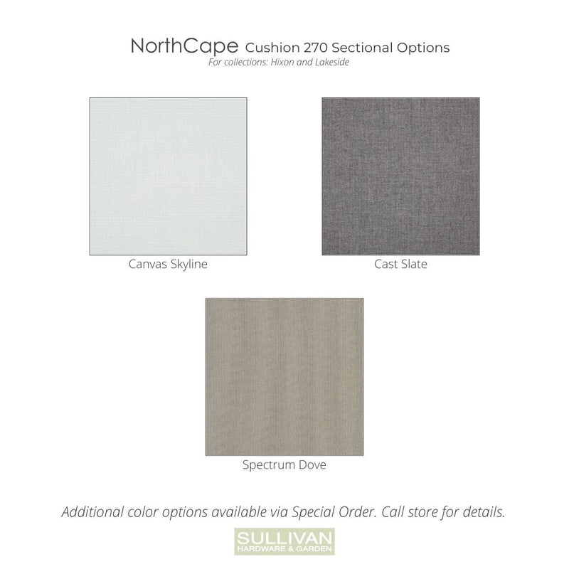 Diagram of cushion 270 color options for North Cape sectional patio furniture - Canvas Skyline, Cast Slate, Spectrum Dove