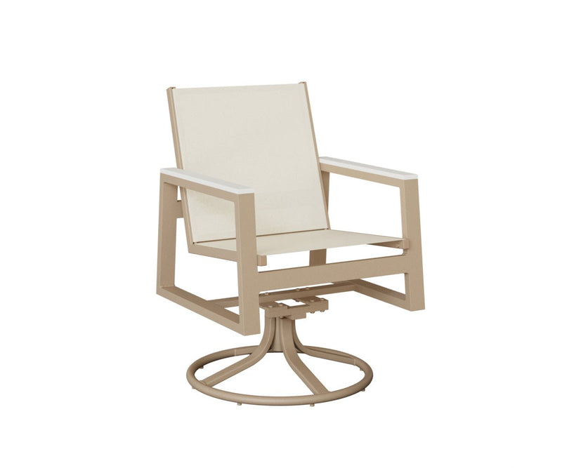 Vida Sling Swivel Rocker Dining Chair in Sahara Speckle with White Poly Arms and Sailing Salt Sling